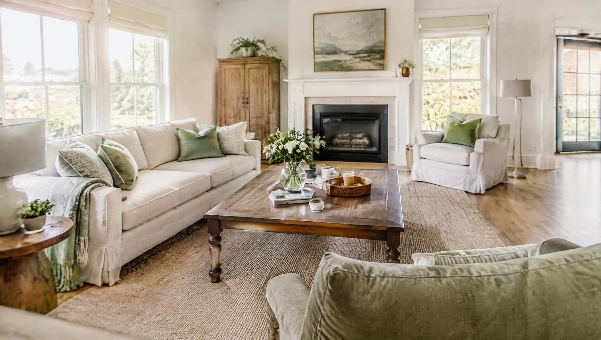 Sunlit, freshly cleaned living room with linen sofa and sage accents