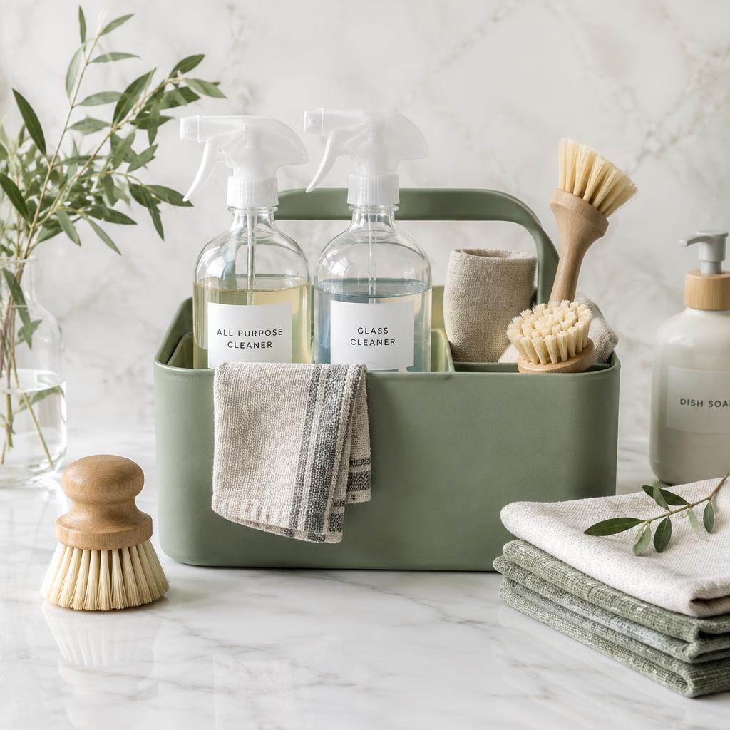 Natural cleaning supplies in a sage green caddy